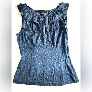 Arden B Navy Blue Polka Dot Ruffled Neckline Sleeveless Blouse